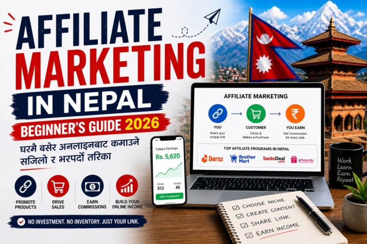 A student learning affiliate marketing in Nepal on a laptop at home