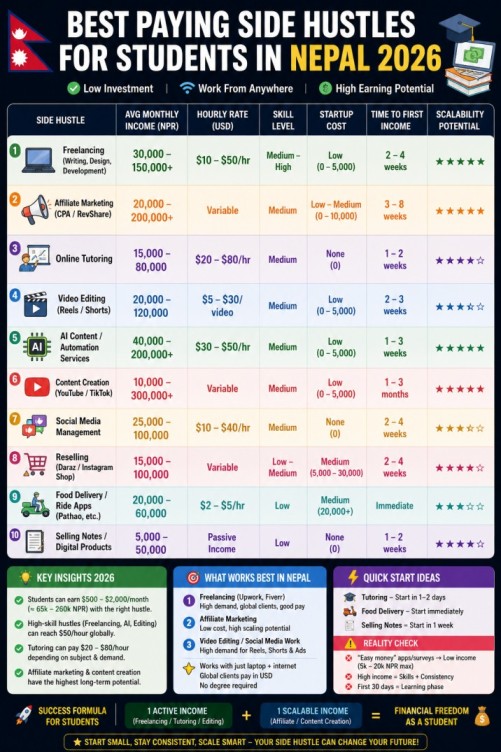 Comparison chart of best paying side hustles for students in Nepal 2026

