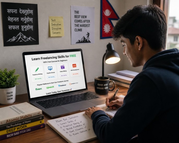 Nepali student learning freelancing skills for free on laptop
