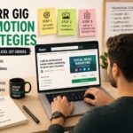 A freelancer setting up fiverr gig promotion strategies on a laptop