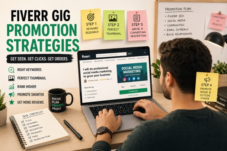 A freelancer setting up fiverr gig promotion strategies on a laptop