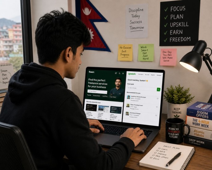 Nepali student working on freelancing platforms like Fiverr and Upwork