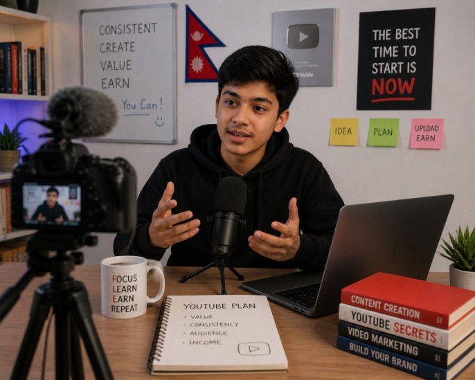 Nepali student recording YouTube video for online income
