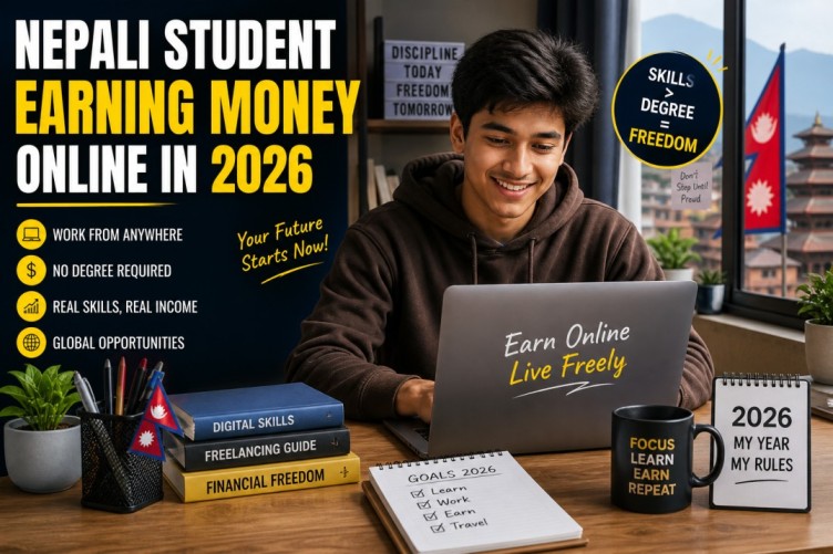 Nepali student earning money online on laptop in 2026