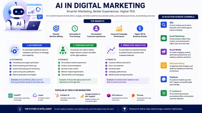 AI in digital marketing showing automation, personalization, and predictive analytics