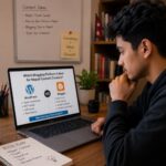 A Nepali content creator sitting at a desk choosing the best blogging platform on a laptop