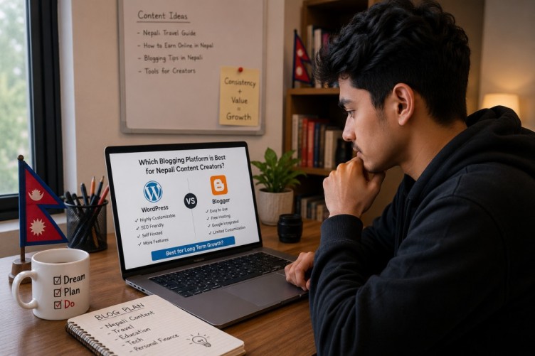 A Nepali content creator sitting at a desk choosing the best blogging platform on a laptop