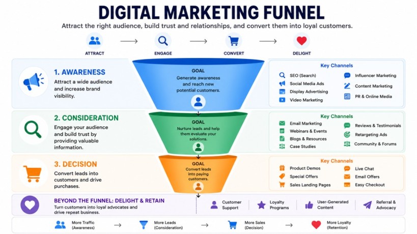 Digital marketing funnel showing awareness, consideration, and decision stages