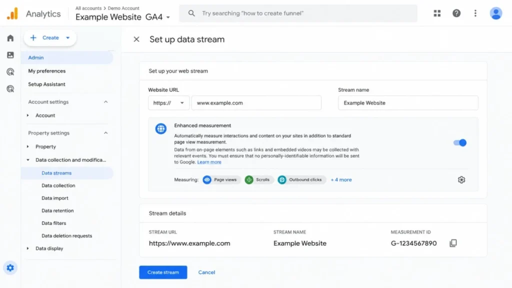 GA4 data stream setup page for a website showing stream URL and Measurement ID