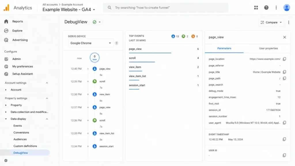GA4 DebugView panel showing live event data during installation testing