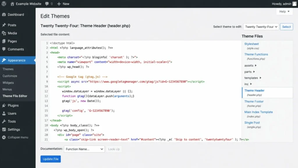GA4 tracking code snippet being added to a WordPress website header