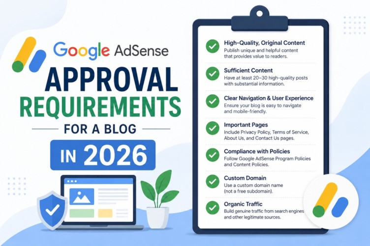 A checklist showing Google AdSense approval requirements for a blog in 2026