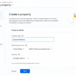 Google Analytics 4 account setup screen showing property creation form