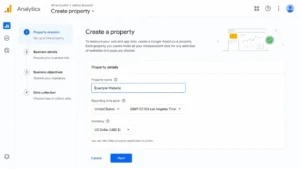 Google Analytics 4 account setup screen showing property creation form