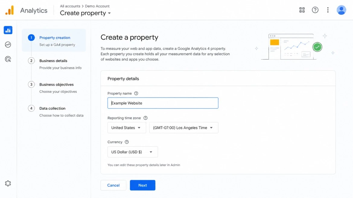 Google Analytics 4 account setup screen showing property creation form