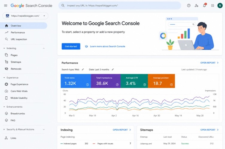Google Search Console setup dashboard showing the main interface for Nepali bloggers getting started in 2026