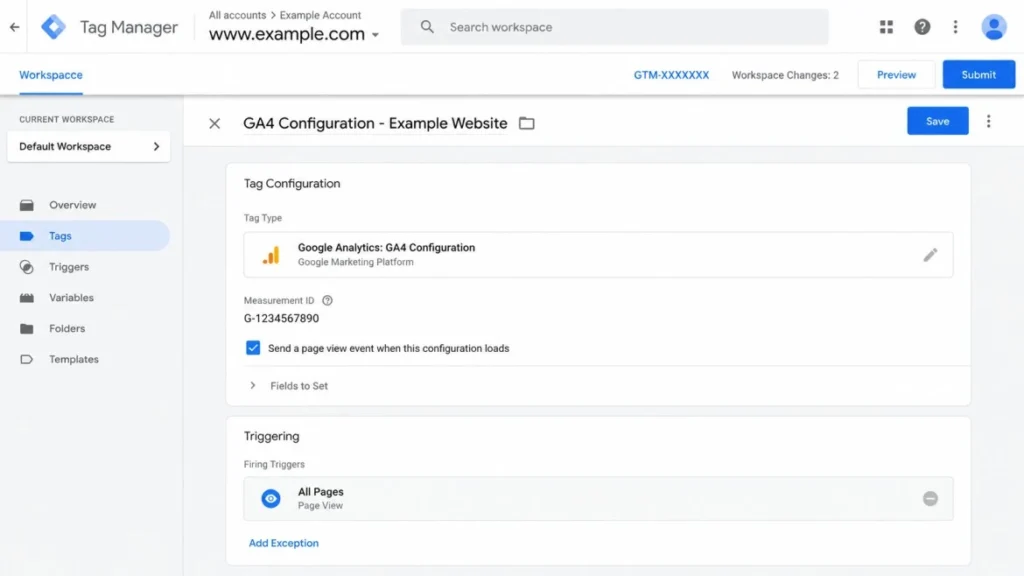Google Tag Manager interface showing a GA4 Configuration tag setup