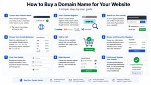 Step-by-step guide showing how to buy a domain name for a website
