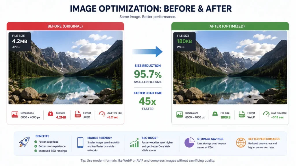 Before and after image optimization: a 4.2MB photo compressed to 180KB