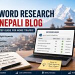 Blogger conducting keyword research for a Nepali blog using Google Keyword Planner on a laptop