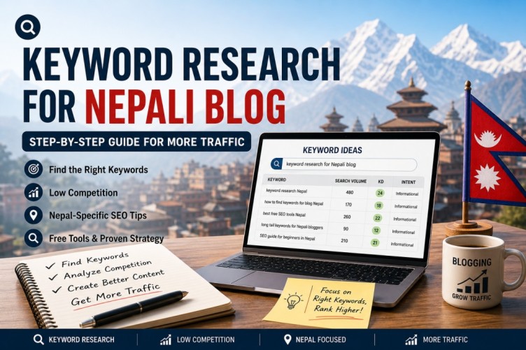 Blogger conducting keyword research for a Nepali blog using Google Keyword Planner on a laptop