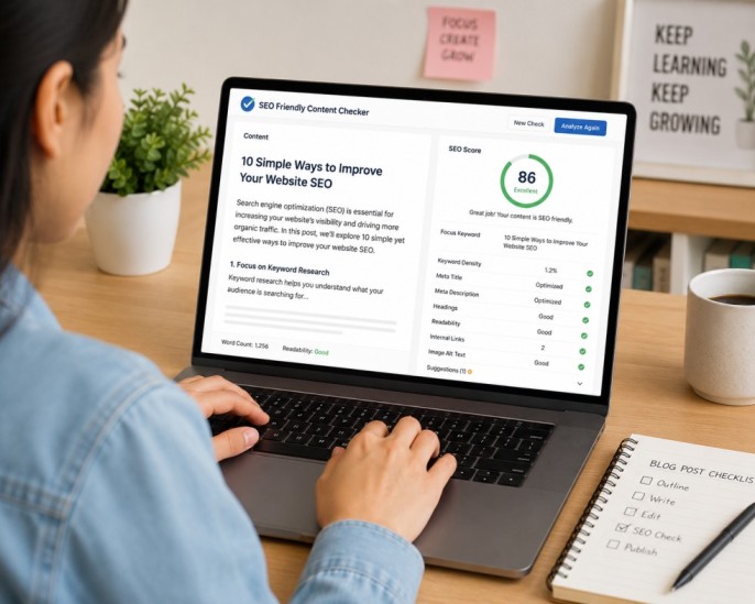 A beginner using an seo friendly content checker tool to analyze a blog post before publishing