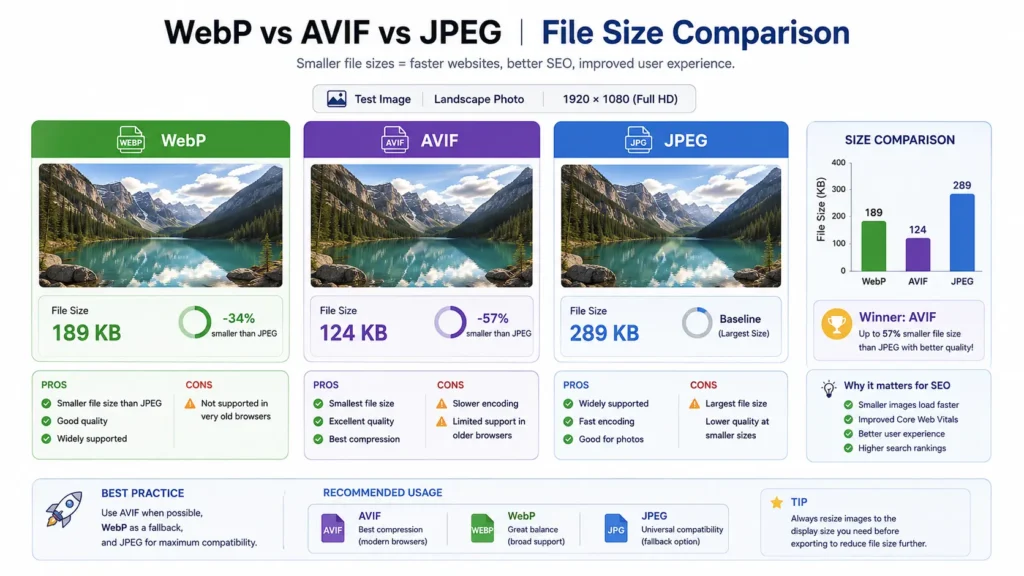WebP vs AVIF vs JPEG file size comparison for image optimization